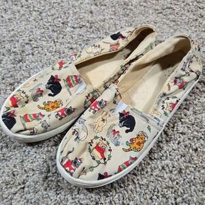 TOMS Youth Size 4 Belmont Holiday Cats Slip On Canvas Flats